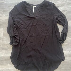 Anthropologie Pleione Blouse 3/4 Sleeve Black Top Women New V Neck Tunic Size S